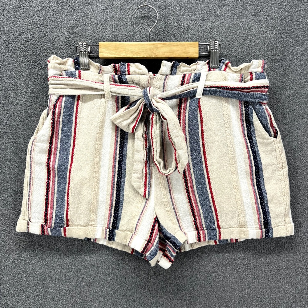 Hashttag Shorts Womens Medium Beige‎ Blue Stripe Paperbag Belted cotton